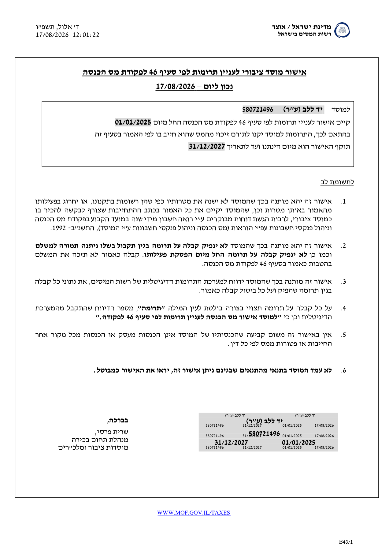 אישור לעניין תרומות לפי סעיף 46, רשות המסים